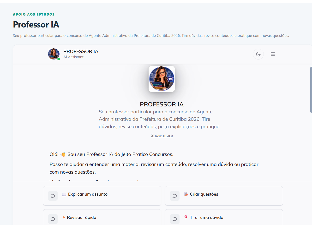 Professor IA dentro do Jeito Prático Concursos